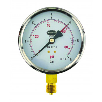 100mm Dial Pressure Gauge 0 - 6 bar and psi Bottom Entry - 34/654/0