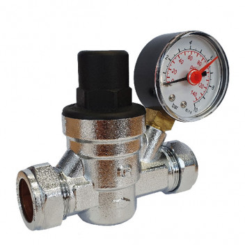 22mm ART675 DZR Brass Pressure Reducing Valve with Gauge and 15mm Adaptors